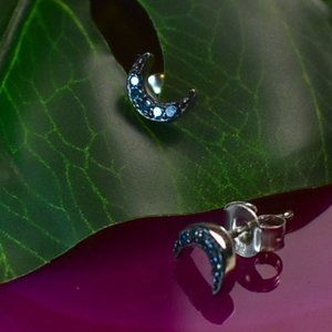 Blue Diamond & Sapphire Celestial Crescent Moon Earrings
